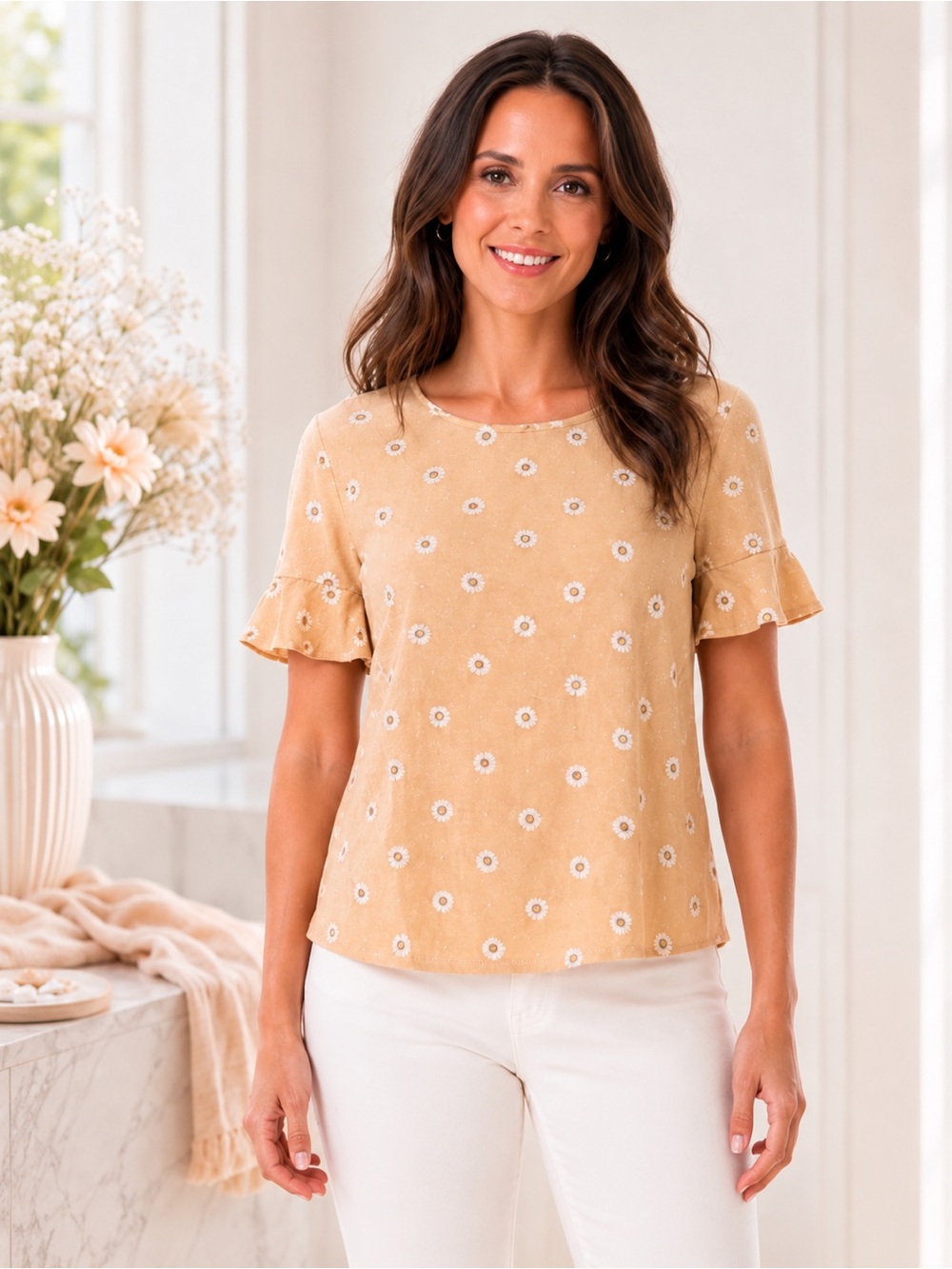 LC LAUREN CONRAD Petite Top Floral Bell Sleeve Tie-Back Peach NWT PXS PXL